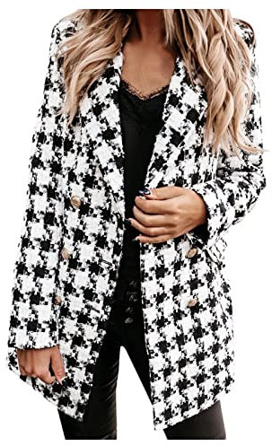 ACemt Blazer à carreaux en laine pour femme - Blazer long pour femme à carreaux - Veste d'hiver en laine - Manteau blazer à manches longues - Mode - Longueur genou - Manteau à boutonnage simple -
