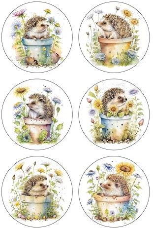 12 Hedgehogs in Flowerpots Selection Card Making Toppers Self Adhesive Circles - Glossy Finish Medium 88mm (3.5 inches) Diameter - Pack of 12 (Two Sheets of 6) - Crafts Labels