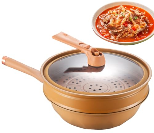 PRIMUZ Wok mit flachem Boden, antihaftbeschichteter Ton-Wok mit Dampfkorb, Induktions-Antihaft-Wok-Pfanne, Haushaltskochgeschirr für Induktionsherd, Küchenkochgeschirr zum Schmoren