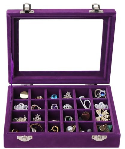 EONGOA 24 Grid Velvet Jewelry Tray for Drawers Detachable Jewelry Showcase Box Glass Clear Lid Showcase Display Storage Ring Trays Holder Earrings Organizer Case (Purple)