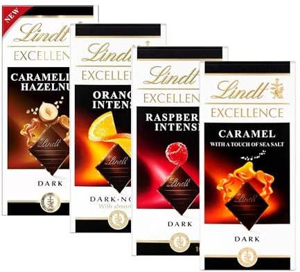 Excellence Dark Chocolate Bars Multipack - Selection of 4 x 100g Orange, Raspberry, Caramel Sea Salt & Hazelnut Chocolate Bars with Topline Card. Chocolate Gifts for Chocolate Hamper, Birthday Gift