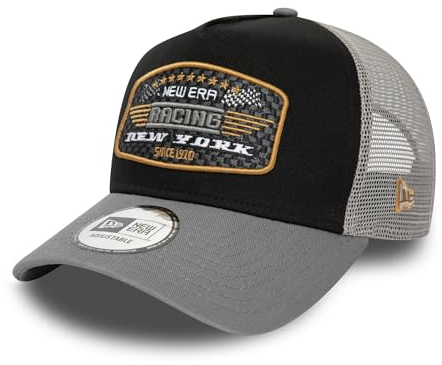 New Era Trucker Cap E-Frame New York Motorsport Patch Snapback Mesh gebogener Schirm schwarz grau - One-Size