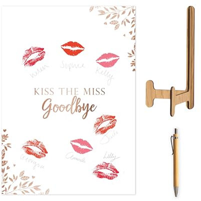 Manta Makes Hen party accessories kiss the miss goodbye guestbook keepsake hen party games, hen do accessories in gold foil or eucalyptus style for a bride to be hen night (Rose Gold sign, pen, easel)