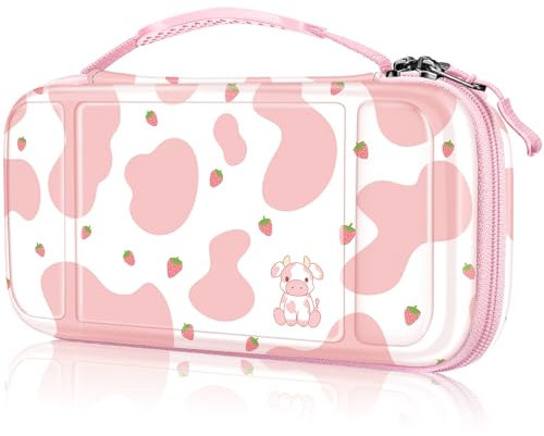 Fintie Carrying Case for Nintendo Switch Lite 2019, [Shockproof] Hard Shell Protective Cover Travel Bag with Game Card & Micro SD Card Slots for Switch Lite Console & Accessories, strawberry cow, Hard