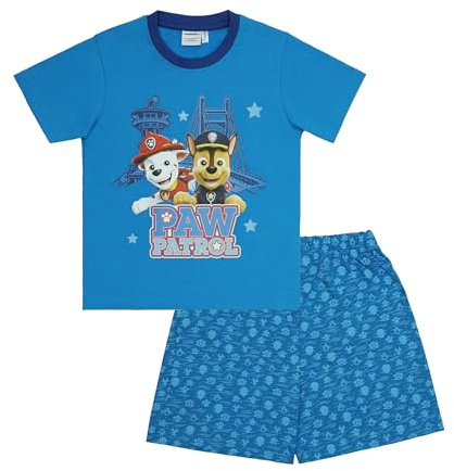 PAW PATROL Pyjama kurzer Schlafanzug Jungen Chase Marshall, 100% Baumwolle, Hunde Polizei, Schlafi, Größe 98-116, 3 bis 6 Jahre, bequem, super Soft