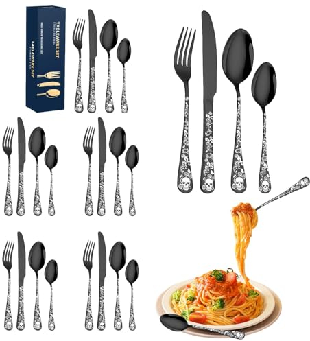 Xvilmaun Set di posate per 6 persone, posate da cucina | 24 pezzi posate con teschio | forchette e cucchiai da cucina portatili, posate per il cibo in cucina di casa, in campeggio