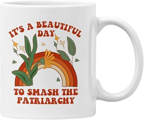 Feministische Geschenktasse It's A Beautiful Day to Smash The Patriarchy Retro Floal Rainbow (weiße Tasse)