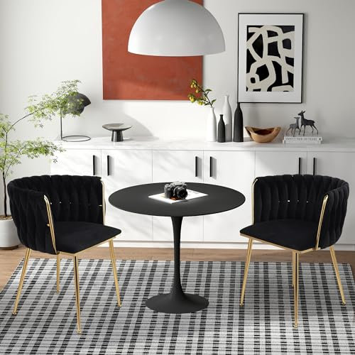 Lot de 2 chaises de salle à manger en velours tissé avec pieds en métal doré - Chaise rembourrée avec accoudoirs et dossier - Pour salon et chambre à coucher - Noir