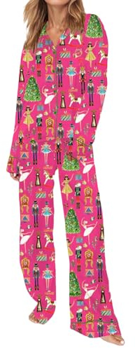 FeMereina Womens Silk Satin Pajama Set Y2k Christmas Nutcracker Long Sleeve Shirt Tops and Wide Leg Pants Sleepwear