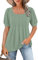 WNEEDU Ladies Tops Square Neck T Shirts for Women UK Summer Puff Short Sleeve Blouses Pleated Tunic Tshirts Flowy Elegant Casual Tee Pea Green L