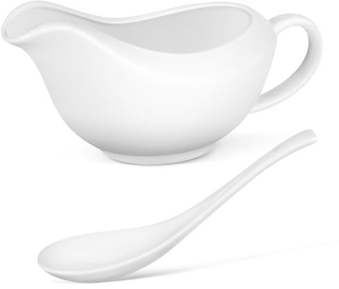 Holibanna Ceramic Gravy Boat with Ladle 12oz Serving Dish White Porcelain Gravy Bowl for Dipping Sauces and Condiments for Thanksgiving and Christmas Dinner