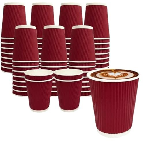 HTUK Ripple Paper Cups 8oz – 50 Pack Red Insulated Disposable Cups for Hot Beverages – Triple-Wall Takeaway Coffee Cups for Tea, Espresso, Cappuccino