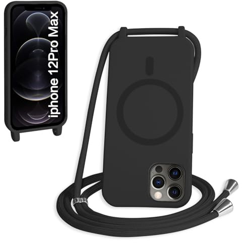 FMPCUON Crossbody Lanyard Case for iPhone 12 Pro Max,Wireless Charging Shell with Adjustable Neck Cord Lanyard Strap Stylish Shockproof Silicone,Black