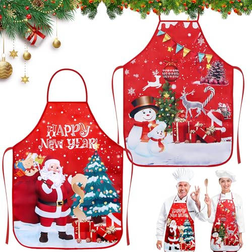 Weihnachten Schürze 2 Stück Weihnachtsschürzen Küchenschürze, Weihnachtsschürze für Damen & Herren Lustig Weihnachtsschürze, Schneemann & Weihnachtsmann Motiv, Schürze Weihnachten Deko & Geschenkidee