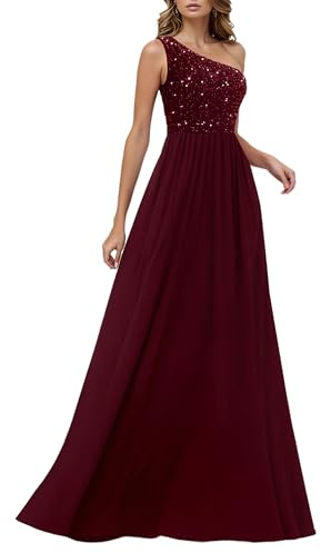 HOMEYEE Damen Elegant Pailletten Mesh Eine Schulter Glitzer Ballkleid Sexy Rückenfrei Abendkleider A-Linie Hochzeitskleid A503 (L, Burgund)