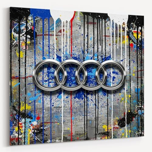 Dekomundo Ikonische Sportwagen Marken Leinwandbild für Garage, Männerhöhle, Wohnzimmer, Büro | Deko für Autofans | Exklusive Wandbilder, Pop Art Audi, 40x40 cm