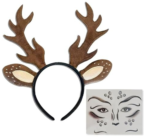 XINDY Haarreif Reh Geweih Hörner Rehohren mit Gesichtstattoo Rentier Haarreif Hirschgeweih Reh kostüm Damen Kopfschmuck Karneval Kostüm Damen Fasching Halloween Mottoparty Cosplay Zubehör