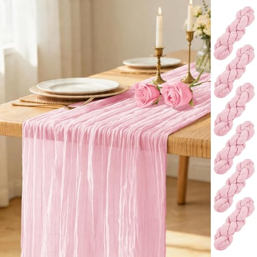 6er-Pack Tischläufer Rosa, 45 x 275 cm Käsetuch Tischläufer, Boho-Gaze-Tischläufer, rustikale Käsetuch-Tischläufer aus transparentem Stoff für Hochzeitsfeier, Brautparty, Tischdekoration