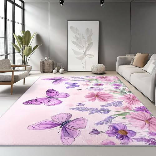 Generisch Kinderzimmerteppich Antirutsch Waschbar bis 30 Grad,Retro Floral Schmetterling Teppich für Kinderzimmer - Dekorativer Teppiche Farbe 80 x 150 cm