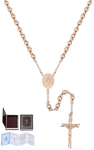 U7 Collana Rosario Uomo Donna Acciaio Inossidabile 2 Taglie 4 colori | Rosario cattolico 59 pelline, 46cm/66cm, medaglia miracolosa e croce; Ipoallergenico; Scatola Libretto di Preghiere e Guida