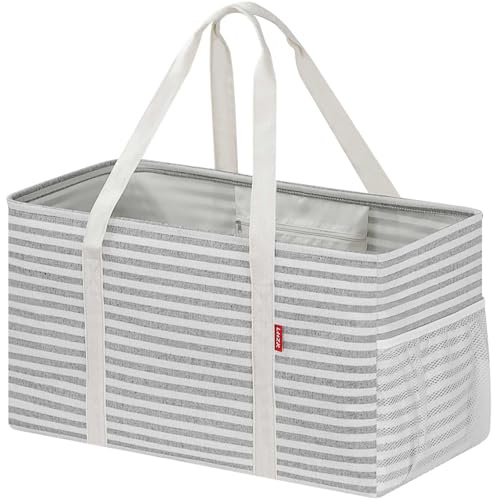 DSDCDJ Einkaufskorb Faltbar, Stehende Einkaufstasche mit Metalldrahtrahmen und Verstärktem Boden, Korb Einkaufen Groß Tragekorb mit Henkel - Ideal für Einkaufen, Picknick, Strand, Camping (Grau)