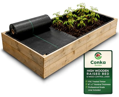 Conka Garden - Wooden Raised Bed Kit with Weed Control Liner - Large Garden Planters for Growing Vegetables, Herbs, Flowers & Fruit - Durable & Resistant FSC Treated Timber - 15cm x 30cm x 90cm