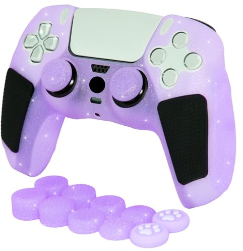 HLRAO Coque en silicone à paillettes violettes antidérapantes et épaisses compatible avec manette PS5, comprend 8 poignées violettes à paillettes brillantes et 2 accessoires de poignées de patte de
