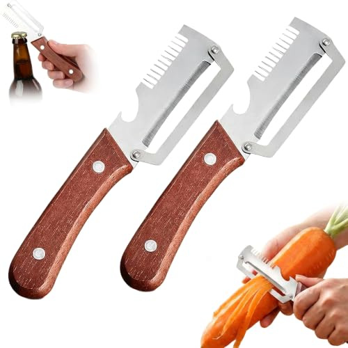 Myrthra 3-in-1 Julienne & Vegetable Peeler, Stainless Steel Wooden Handle | 3-in-1 veg peeler, julienne & slicer. Stainless steel, wooden handle.