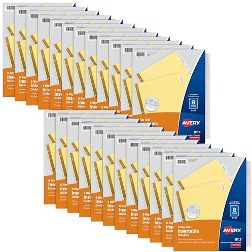 Avery Big Tab Insertable Dividers for 3 Ring Binders, 8-Tab Set, Buff Paper, Clear Tabs, Binder Divider Value Pack of 11112, 24 Sets Total (11115)