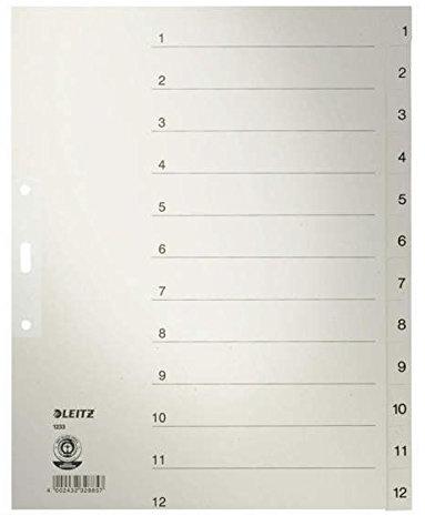 Zahlenregister, Tauenpapier, A4+, Tabe 1-12, 12 Blatt, 240mm breit, grau