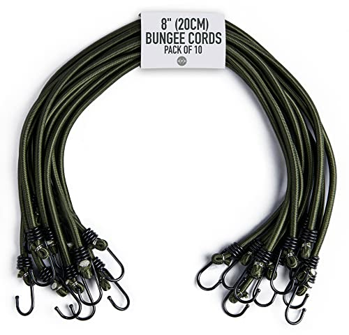 Pluvios - Heavy Duty Bungee Cords with Hooks - 10 Pack – Choice of Sizes - Multi-Purpose Elastic Bungee Straps for Luggage, Roof Racks, Camping - Weatherproof & UV Resistant (8 (20CM))