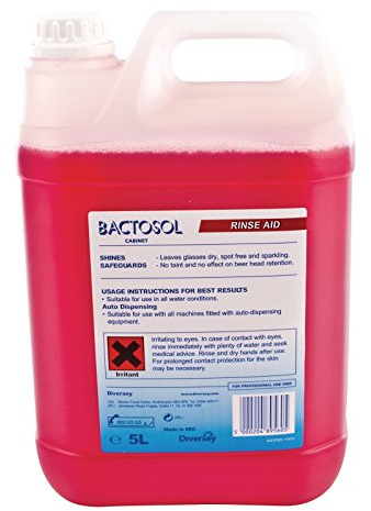 Bactosol Glass Wash Rinse Aid 5 litre. Pack quantity: 2 | Delivers streak-free, rapid drying for commercial barware to maintain spotless presentation in busy pubs.