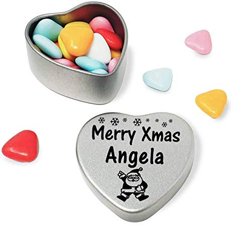 Gift In Can Merry Xmas Angela Heart Shaped Mini Tin Gift filled with mini coloured chocolates perfect christmas card alternative for Angela Fun Festive Santa Design