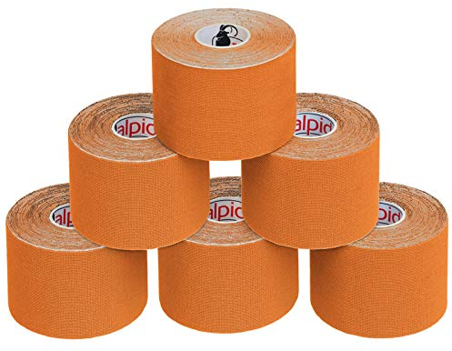 ALPIDEX Kinesiologie Tape 1/3/ 6/12 Rollen Viele Farben 5 m x 5 cm Anwendungsbroschüre Elastisch Wasserfest Hautfreundlich Physio Muskel Tape Set, Farbe:orange, Menge:6 Rollen