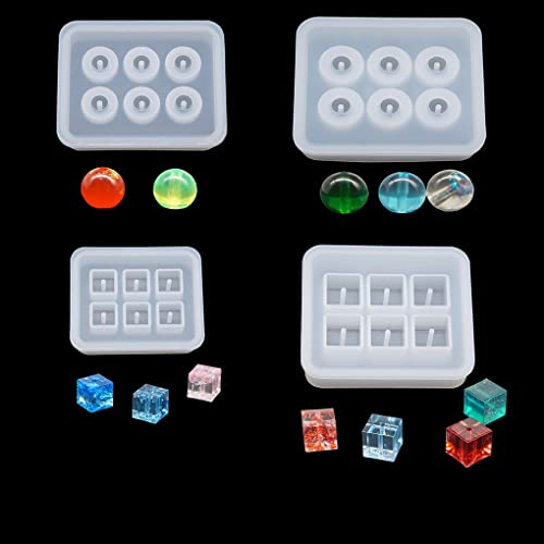 FineInno 4 Stück Perlen Gießformen Bead Resin Molds Würfelperlen Quadrat Runde Silikonform mit Loch für Schmuckherstellung Armbänder Halskette
