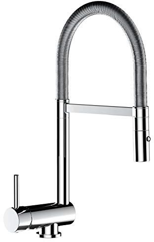 Unterfenster Wasserhahn Küchenmischer mit schwenkbarem Auslauf und abnehmbarer 2 strahl Handbrause - Gesamthoehe abgeschwenkt nur 60mm // Griff auf linker Seite (Stahlfeder)