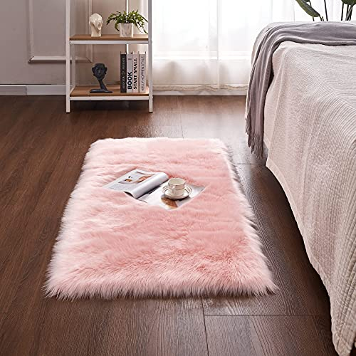 Cumay Faux, Schafsfell-Teppich, Wollimitat, geeignet für Wohnzimmer Teppich, lang, weich, flauschiges Fell, als Bettvorleger, Sofa-Teppich (Pink, 70 x 135 cm).