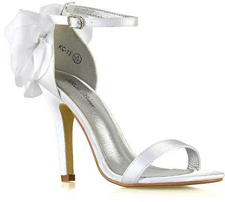 ESSEX GLAM Womens Bridal Shoes Stiletto Heel Ladies Satin Flower Bridesmaid Strappy Ankle Strap Sandals Size 3-8