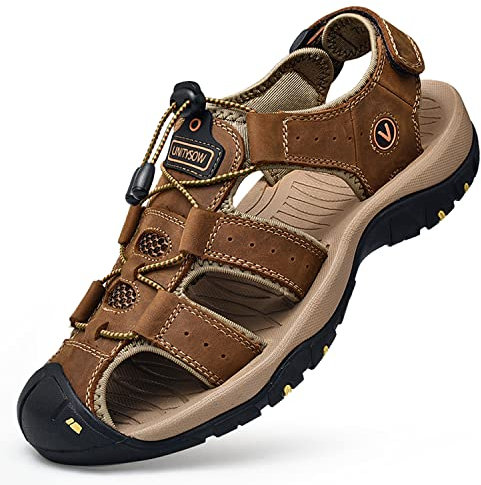 Unitysow Sandales de Marche Homme Bout Fermé Cuir Extérieur Sport Trekking Randonnée Été Nu Pied Plage Marron Taille 44