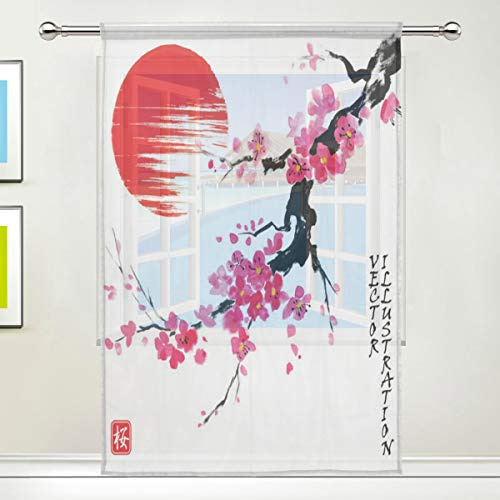 N/E RXYY Rideau de fenêtre en voile transparent Motif floral japonais Cerise Lune Pour cuisine, salon, chambre à coucher, porte de bureau 139,7 x 213,4 cm