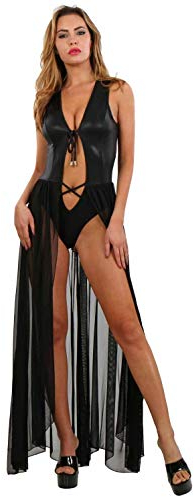 MISS NOIR Damen Langes Kleid mit verdecktem Body und Tüllrock –Sexy Partykleid Clubwear Wetlook Glitzereffekt (Schwarz (19542), XXL-3XL)