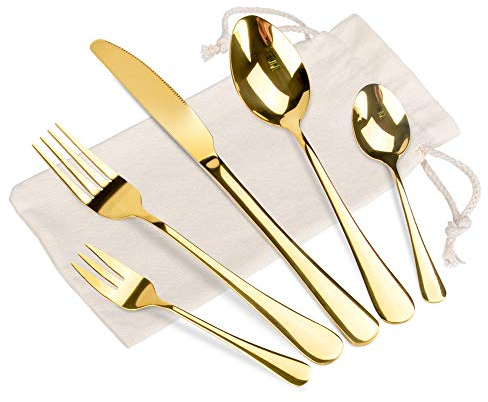 Juego de Cubiertos Dorada 20 Piezas Cuberteria Oro con Cuchillo Cuchara Tenedor Servicio para 4 Personas Cubiertos Acero Inoxidable Ideal para Uso Diario en el Hogar