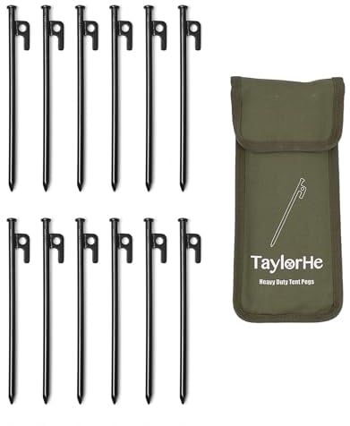 TaylorHe EXTRA STRONG HEAVY DUTY TENT PEGS Pack of 12 Black 25CM 10inch All Metal Stake Steel Tent Pegs Tent Pegs with Strong Canvas Pouch for Outdoors Travelling Hiking Camping