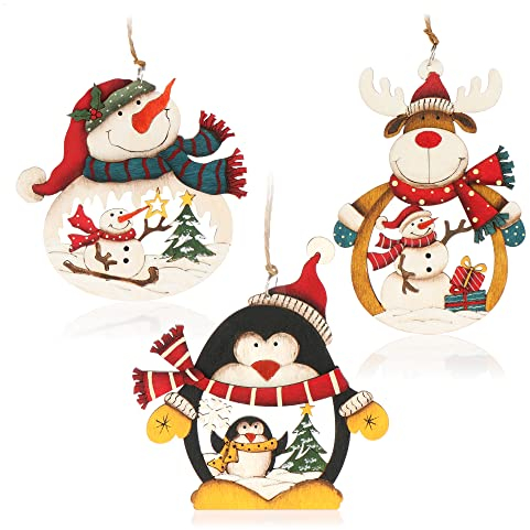 COM-FOUR® 3X Holzanhänger für den Weihnachtsbaum - Christbaumschmuck aus Holz - Holzverzierung Weihnachtsdeko mit DREI Motiven