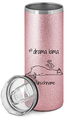 ORWONet ORWO – Glitzer-Thermobecher mit Namen bedrucken | Isolierbecher 580 ml | verschiedene Designs | 21 x Ø 7 cm | Heiß- & Kaltgetränke | Travel Mug (Rosa, No Drama Lama)