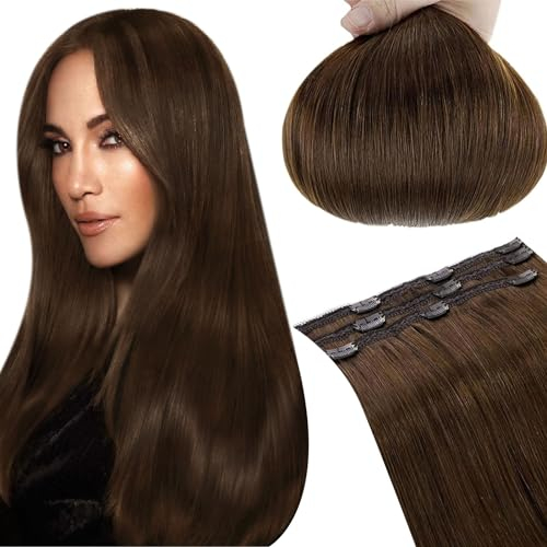 RUNATURE Clip in Extensions Echthaar Braun 25cm 3pcs Echte Haare Glatt Haarverlängerung 50g #4