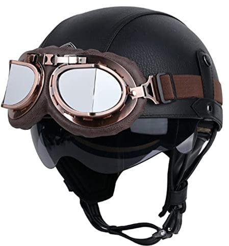 LHBM Rétro Casque Moto Bols,Casques Demi-Jet Homologué Dot/ECE avec Visière UV Lunettes Casque de Moto Cuir Style de Vintage Demi Casque pour Scooter Bike Chopper Moped Casque G,M=57-58cm