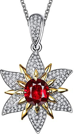 KnSam Echter Goldschmuck, Damen Halskette mit Anhänger 18 Karat 750 Rotgold/Gelbgold, Sonneblume Goldkette Echtgold 0.68ct Labor Erstellt Rubin mit Diamant, Weiß Gelb