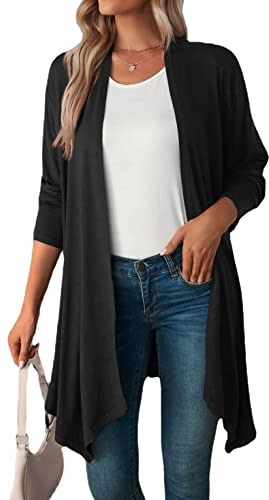 Famulily Cardigan da donna a maniche lunghe a cascata con drappeggio nel Regno Unito leggero aperto davanti cardigan spolverini cappotto, Nero , M