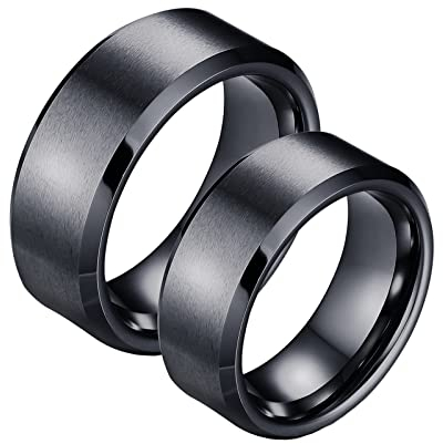 Verlobungsring für Paare, Partnerringe für Sie und Ihn Schwarz Wolframcarbid 8 mm Gebürstete Abgeschrägte Kante zum Hochzeitstag des Paares